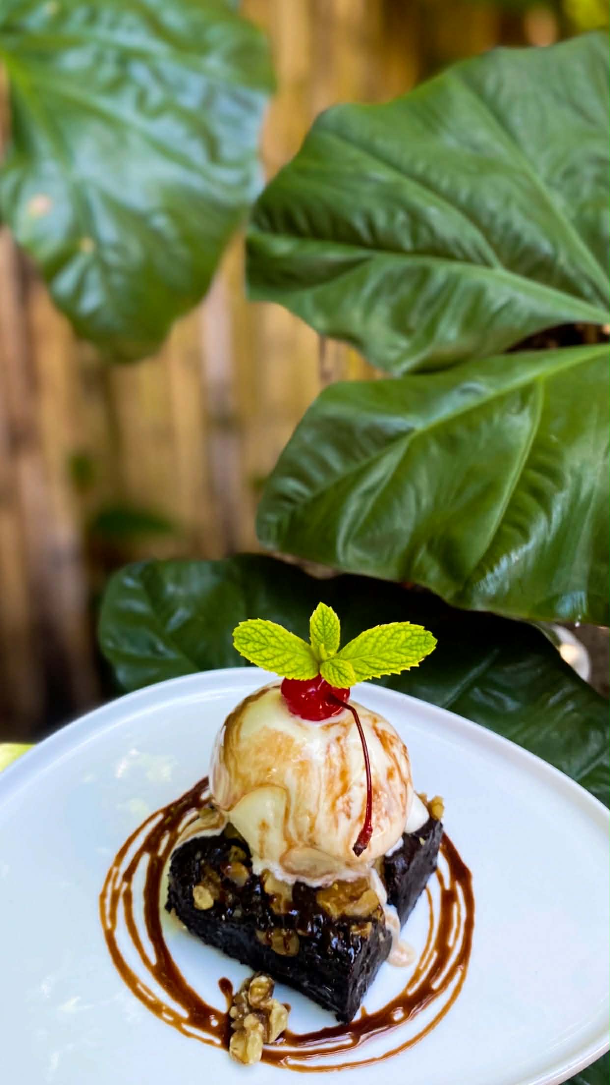 A plated brownie dessert with ice cream